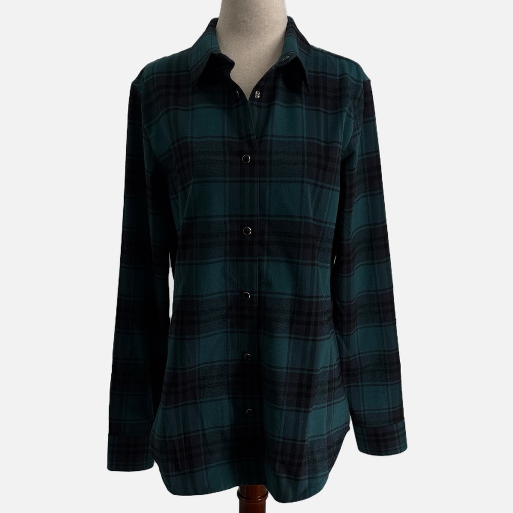 Flylow Brigitte Tech Flannel Shirt Teal Navy Black Plaid Size Medium Snap Front